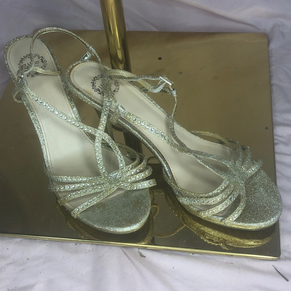 Size 10 Shoe Glitter Rhinestone Strappy Heels in Gold
